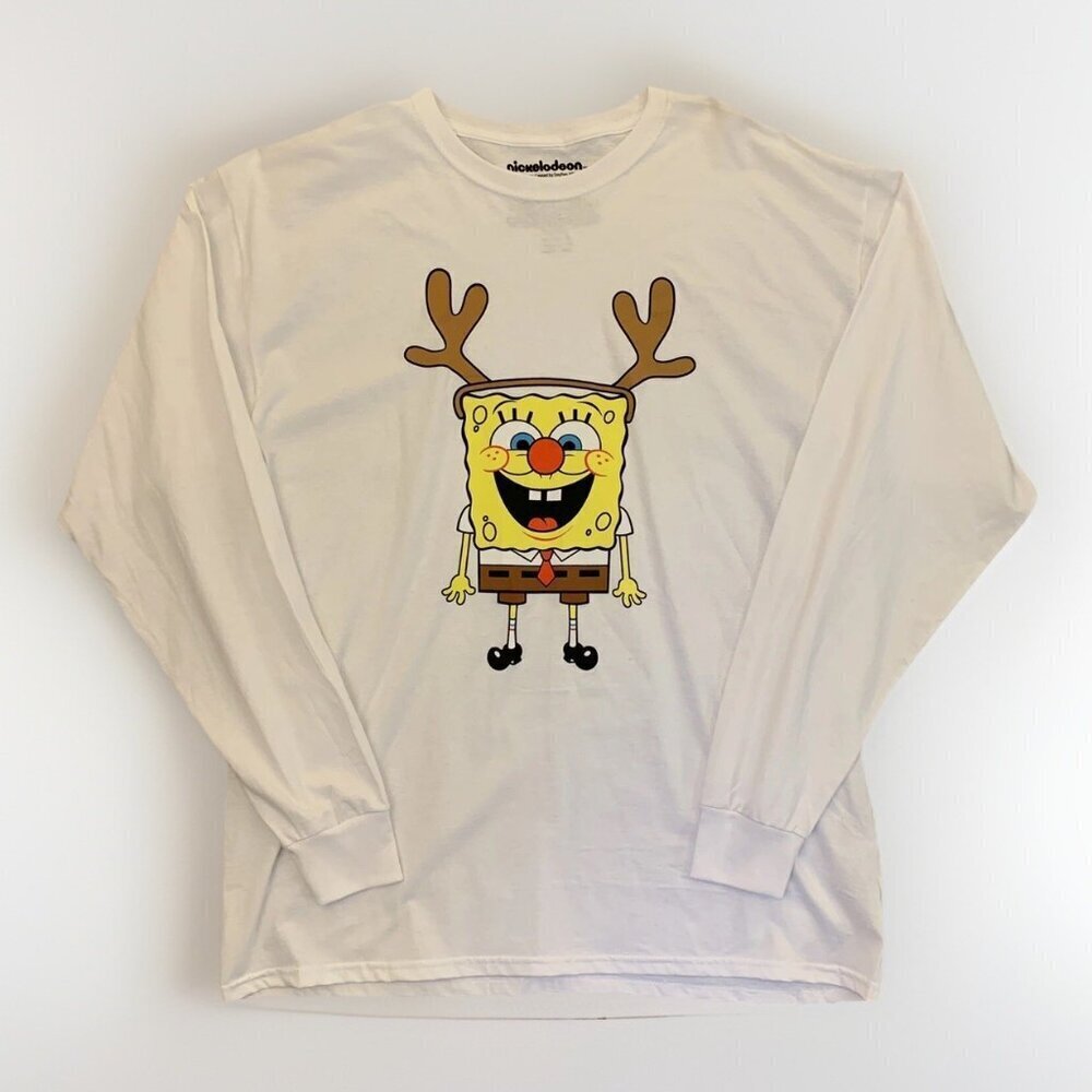 Nickelodeon Women's T-Shirt Plus Size 1X White SpongeBob Red Nose Reindeer NWOT